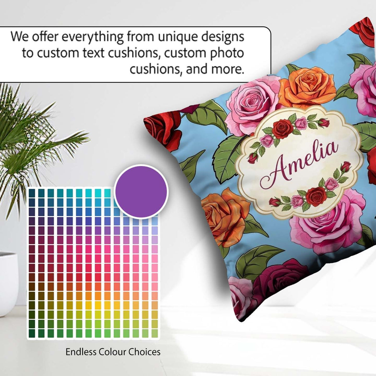 Custom Name Bold Colorful Rose Flowers Seamless Blue Background Square Filled Cushion Throw Pillow Sofa Bed Home Decor Zip Washable UK Made