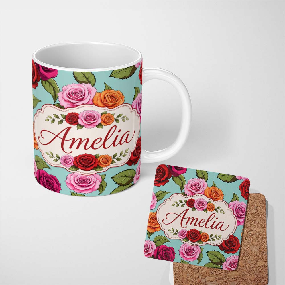 Personalized Custom Name Bold Colorful Rose Flowers Seamless Pattern Mint Green Background 11oz Ceramic Coffee Tea Mug White Large Handle