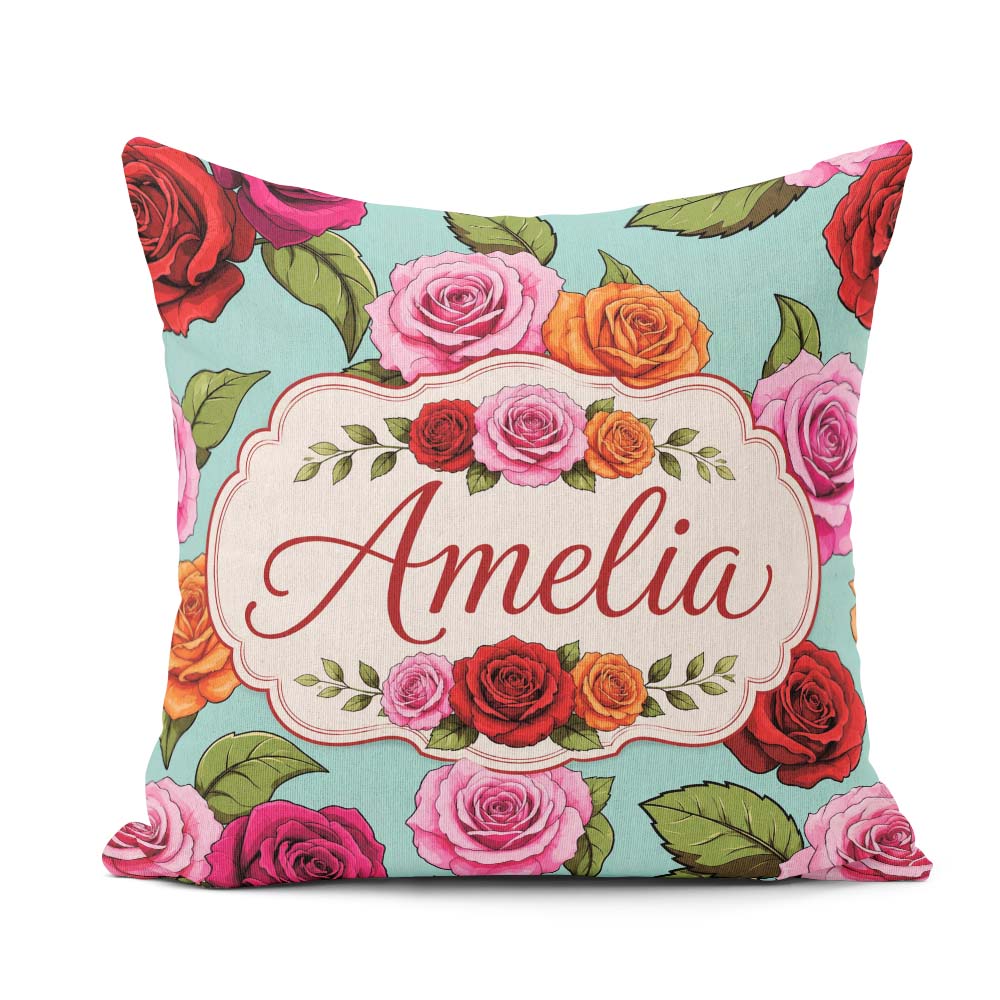 Custom Name Bold Colorful Rose Flowers Seamless Green Background Square Filled Cushion Throw Pillow Sofa Bed Home Decor Zip Washable UK Made