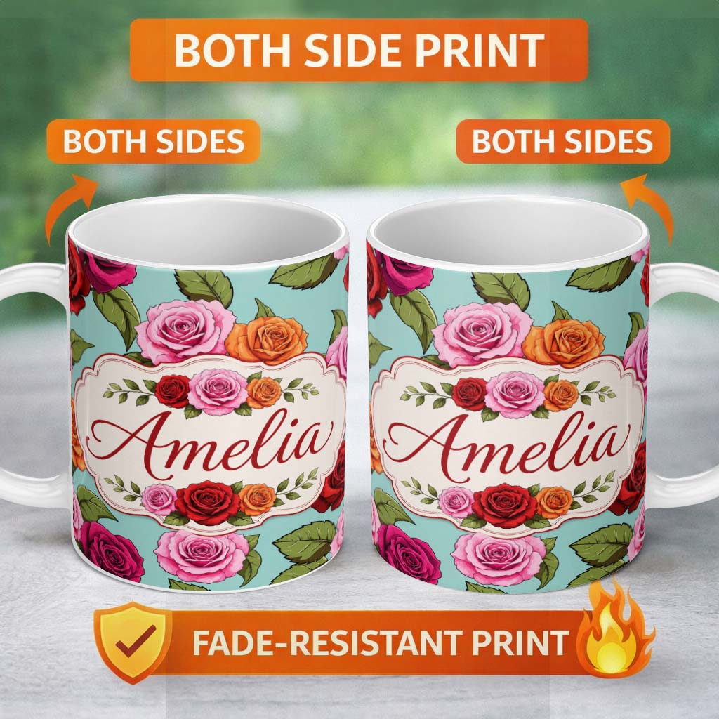 Personalized Custom Name Bold Colorful Rose Flowers Seamless Pattern Mint Green Background 11oz Ceramic Coffee Tea Mug White Large Handle