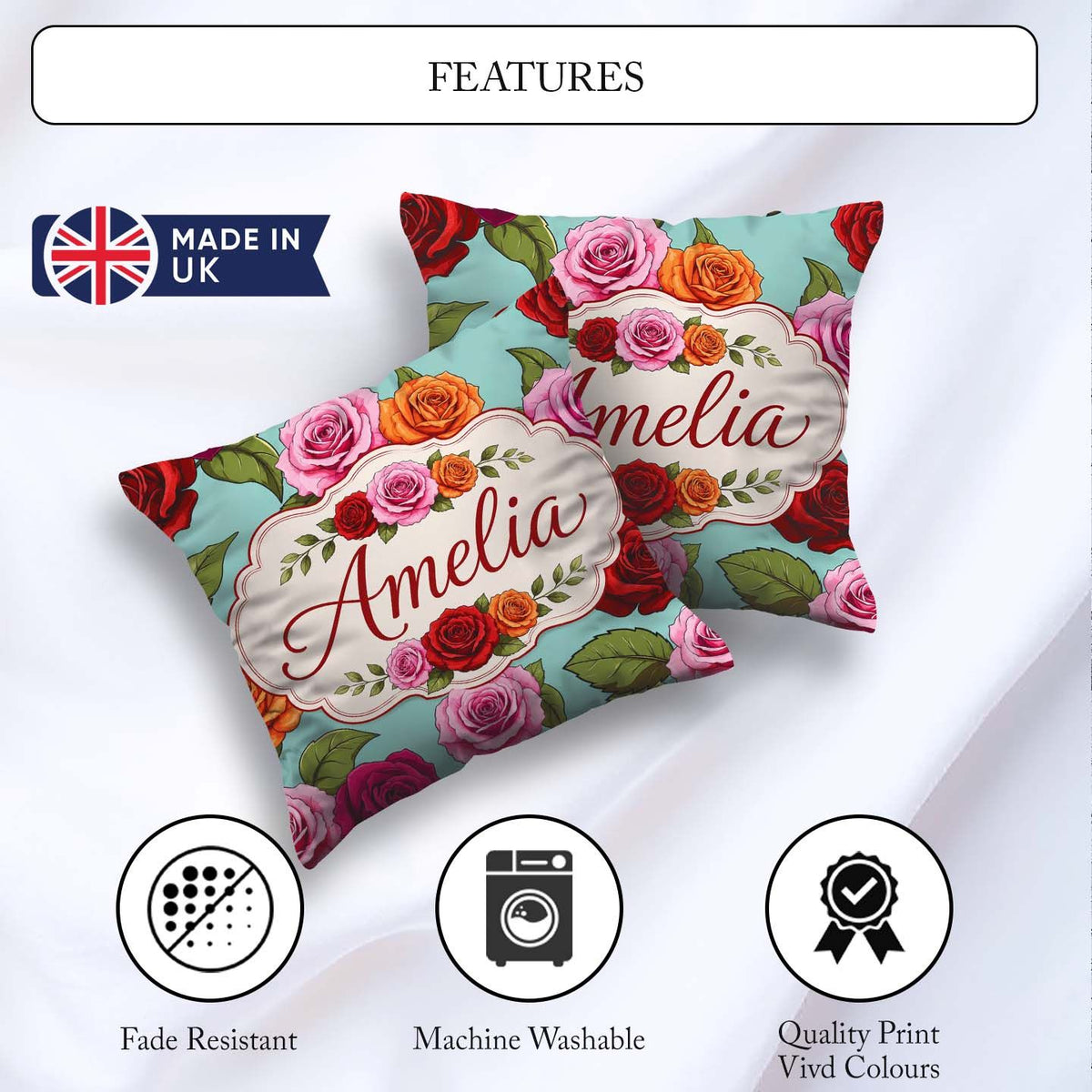 Custom Name Bold Colorful Rose Flowers Seamless Green Background Square Filled Cushion Throw Pillow Sofa Bed Home Decor Zip Washable UK Made