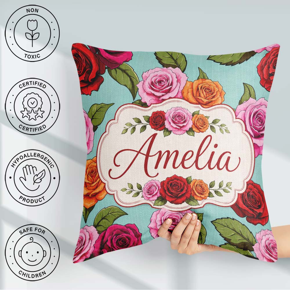 Custom Name Bold Colorful Rose Flowers Seamless Green Background Square Filled Cushion Throw Pillow Sofa Bed Home Decor Zip Washable UK Made