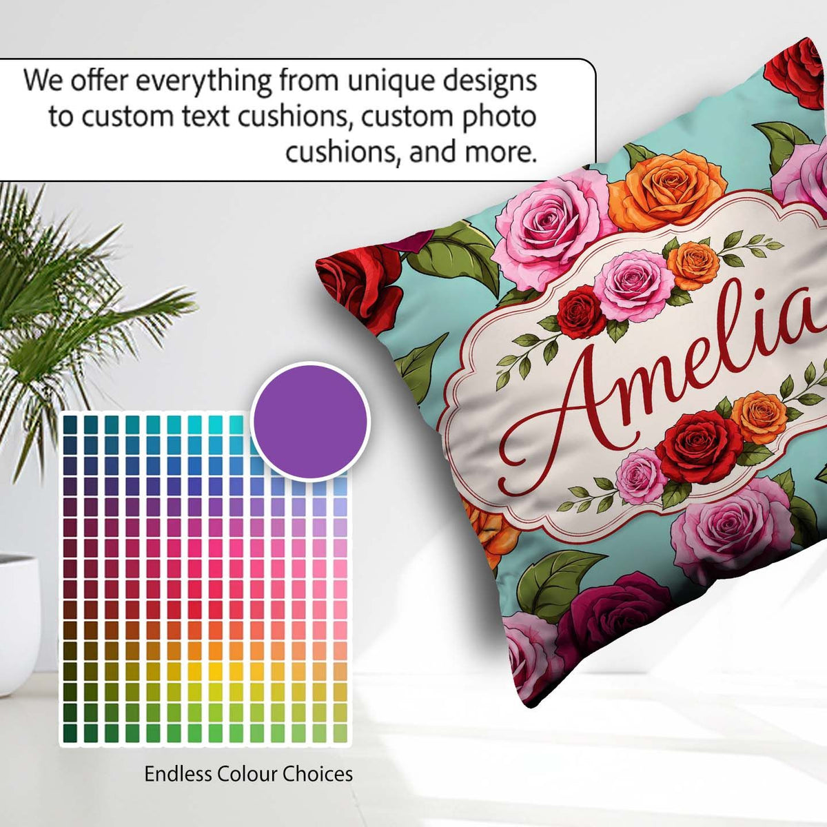 Custom Name Bold Colorful Rose Flowers Seamless Green Background Square Filled Cushion Throw Pillow Sofa Bed Home Decor Zip Washable UK Made