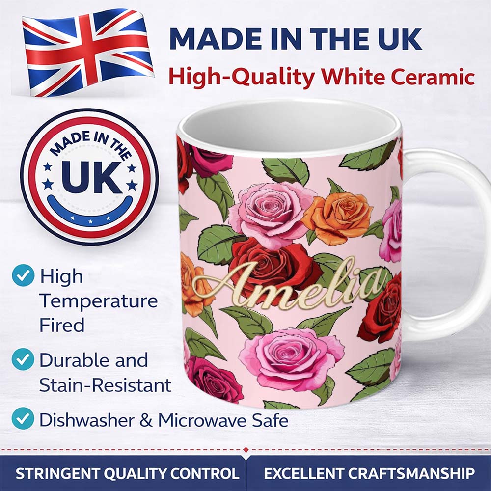 Personalized Custom Name Bold Colorful Rose Flowers Seamless Pattern Blush Pink Background 11oz Ceramic Coffee Tea Mug White Large Handle