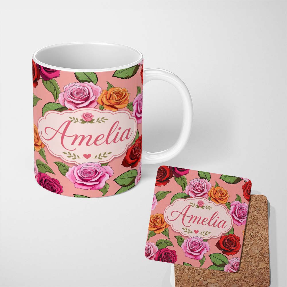 Personalized Custom Name Bold Colorful Rose Flowers Seamless Pattern Coral Pink Background 11oz Ceramic Coffee Tea Mug White Large Handle