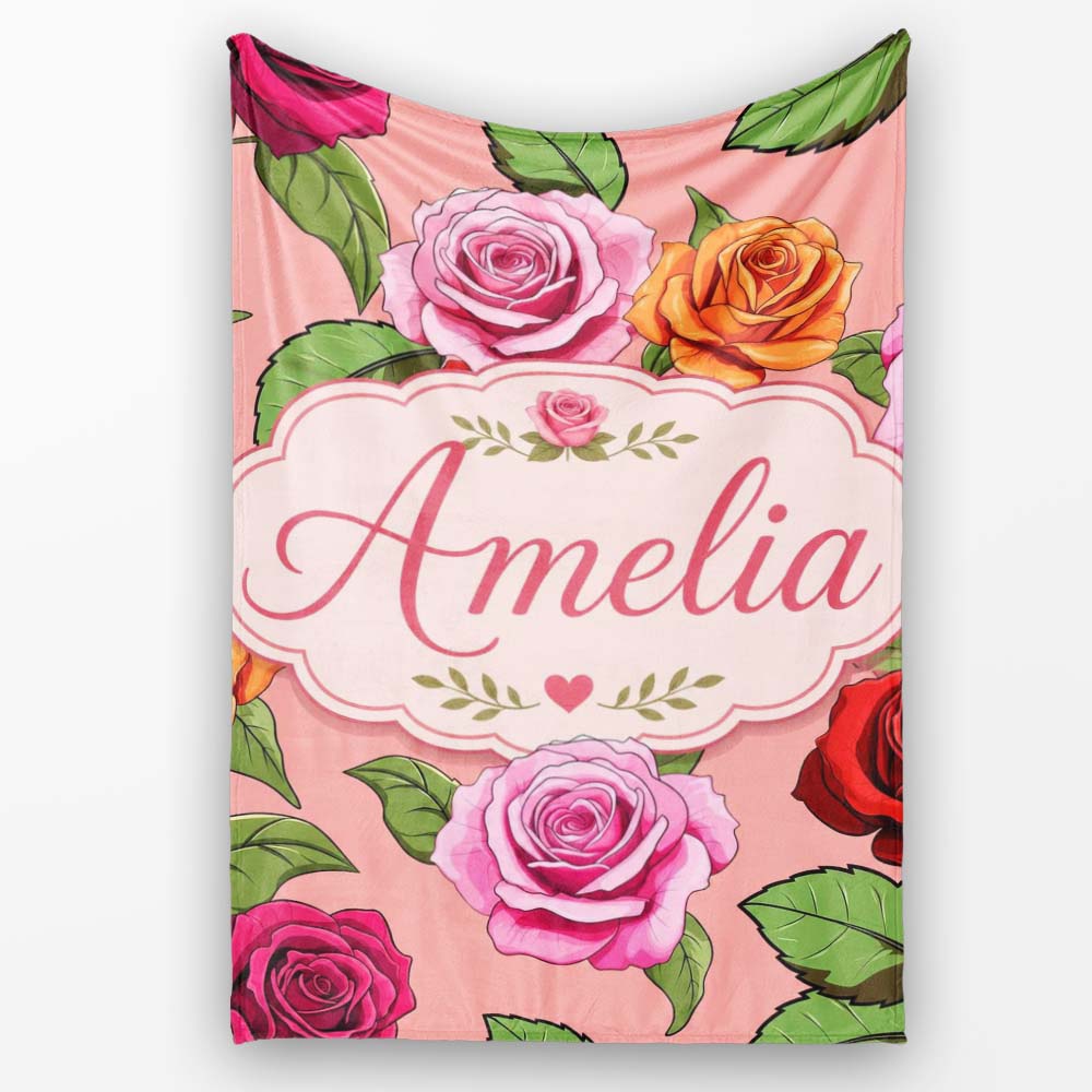 Bold Colorful Rose Flowers Seamless Pattern Coral Pink Background Personalised Custom Name Super Soft Fleece Blanket Bed Sofa Throw