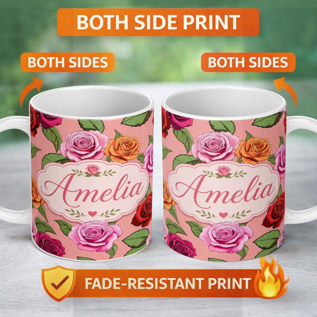 Personalized Custom Name Bold Colorful Rose Flowers Seamless Pattern Coral Pink Background 11oz Ceramic Coffee Tea Mug White Large Handle