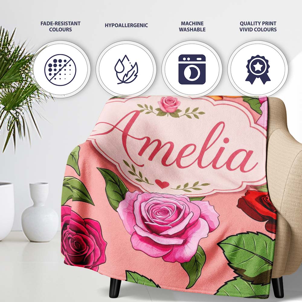Bold Colorful Rose Flowers Seamless Pattern Coral Pink Background Personalised Custom Name Super Soft Fleece Blanket Bed Sofa Throw