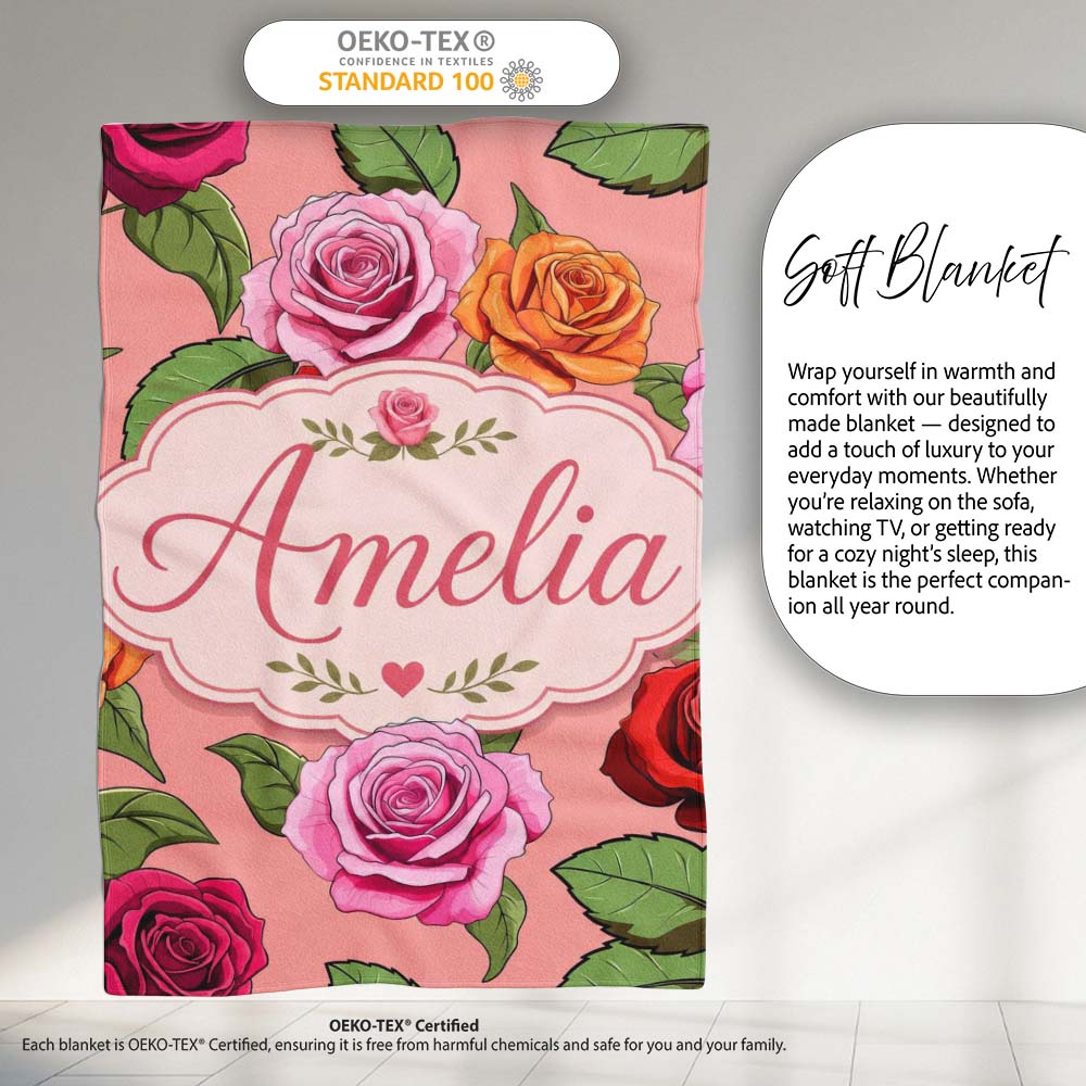 Bold Colorful Rose Flowers Seamless Pattern Coral Pink Background Personalised Custom Name Super Soft Fleece Blanket Bed Sofa Throw