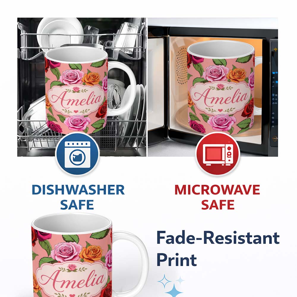 Personalized Custom Name Bold Colorful Rose Flowers Seamless Pattern Coral Pink Background 11oz Ceramic Coffee Tea Mug White Large Handle