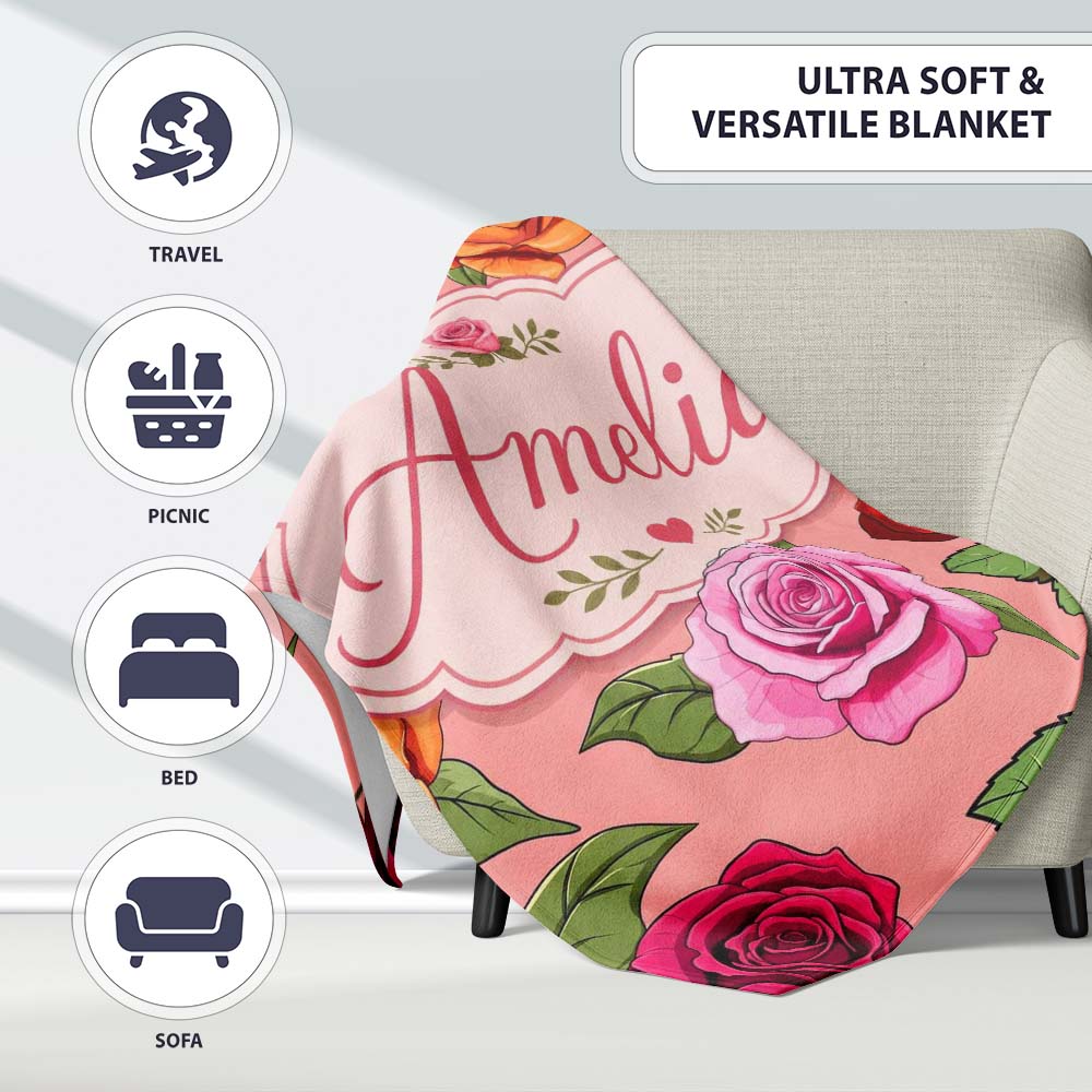 Bold Colorful Rose Flowers Seamless Pattern Coral Pink Background Personalised Custom Name Super Soft Fleece Blanket Bed Sofa Throw