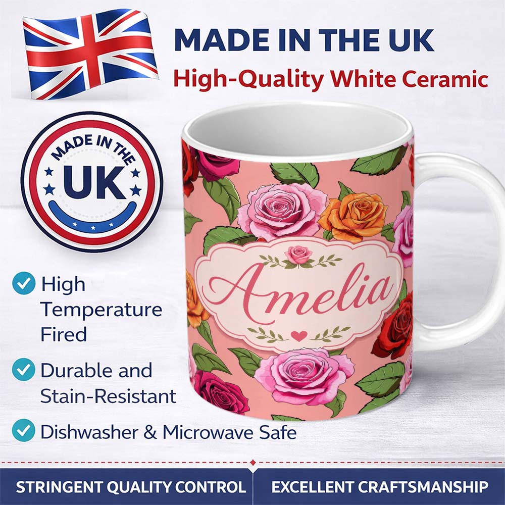 Personalized Custom Name Bold Colorful Rose Flowers Seamless Pattern Coral Pink Background 11oz Ceramic Coffee Tea Mug White Large Handle