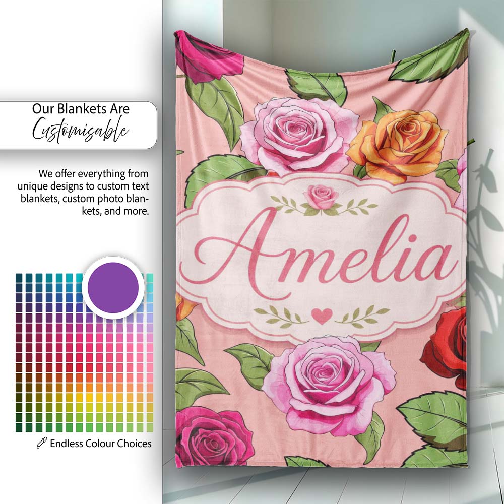 Bold Colorful Rose Flowers Seamless Pattern Coral Pink Background Personalised Custom Name Super Soft Fleece Blanket Bed Sofa Throw