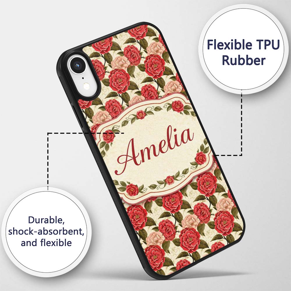 Vintage Red Camellia Botanical Cream Background Custom Name Protective Phone Case Mobile Cover Durable Everyday Smartphone Shock Resistant