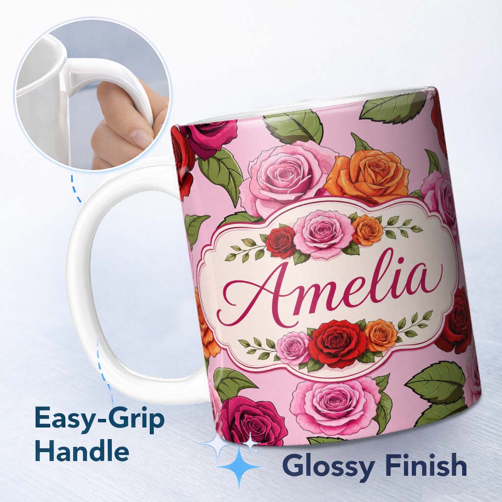Personalized Custom Name Bold Colorful Rose Flowers Seamless Pattern Dusty Mauve Background 11oz Ceramic Coffee Tea Mug White Large Handle