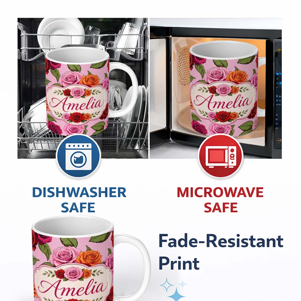 Personalized Custom Name Bold Colorful Rose Flowers Seamless Pattern Dusty Mauve Background 11oz Ceramic Coffee Tea Mug White Large Handle