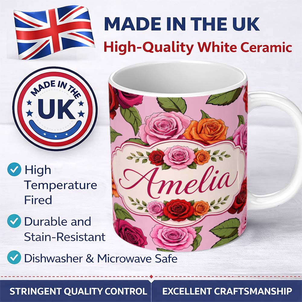 Personalized Custom Name Bold Colorful Rose Flowers Seamless Pattern Dusty Mauve Background 11oz Ceramic Coffee Tea Mug White Large Handle