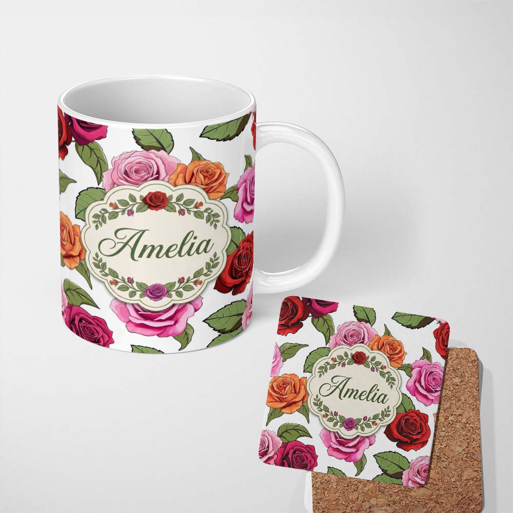 Personalized Custom Name Bold Colorful Rose Flowers Seamless Pattern Light Grey Background 11oz Ceramic Coffee Tea Mug White Large Handle