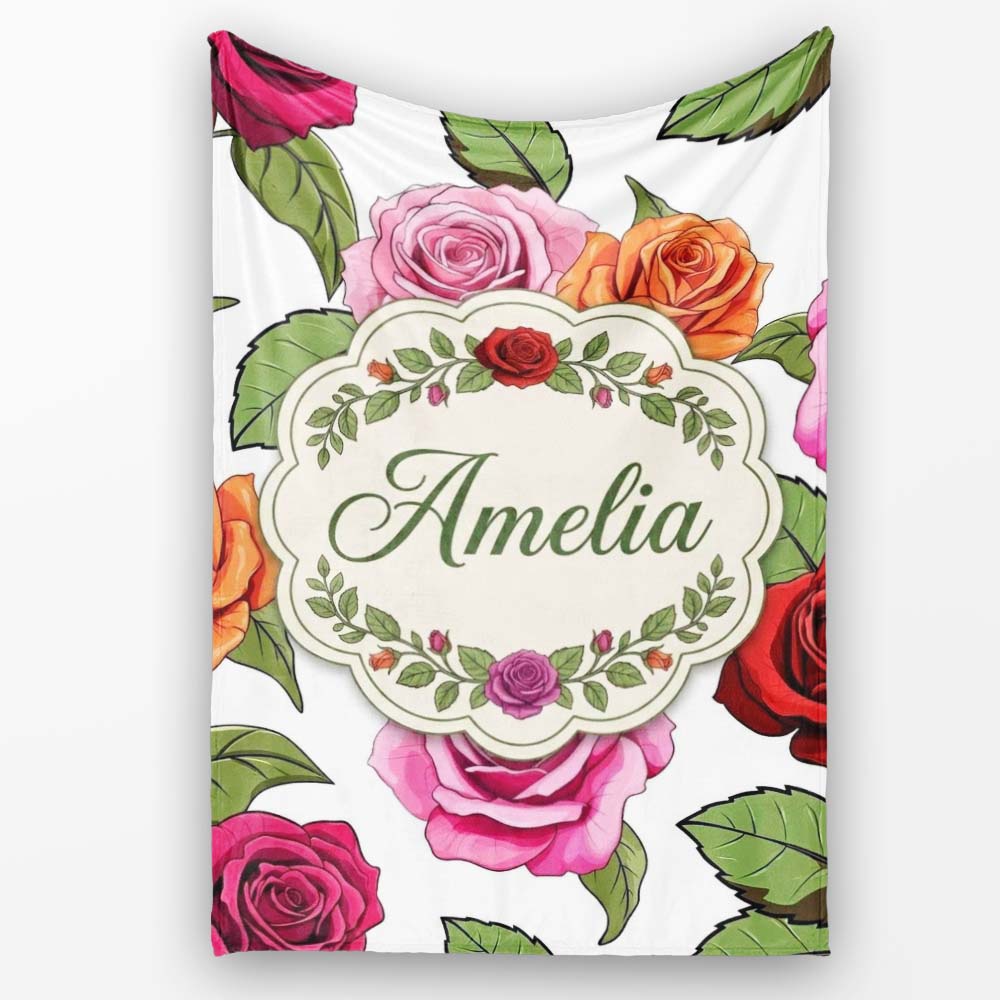 Bold Colorful Rose Flowers Seamless Pattern Light Grey Background Personalised Custom Name Super Soft Fleece Blanket Bed Sofa Throw