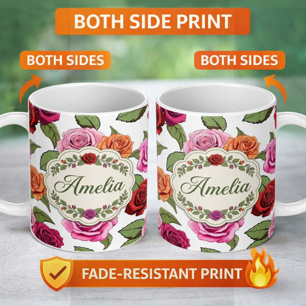 Personalized Custom Name Bold Colorful Rose Flowers Seamless Pattern Light Grey Background 11oz Ceramic Coffee Tea Mug White Large Handle