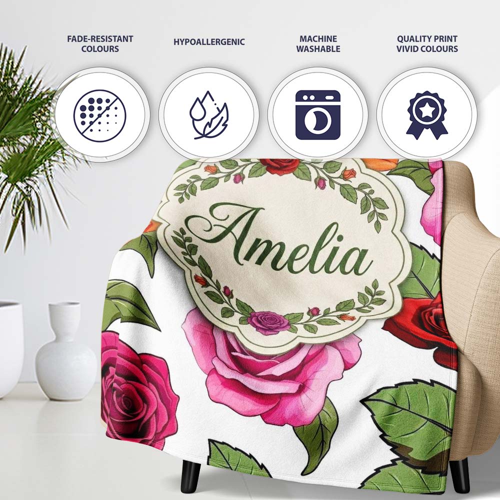 Bold Colorful Rose Flowers Seamless Pattern Light Grey Background Personalised Custom Name Super Soft Fleece Blanket Bed Sofa Throw