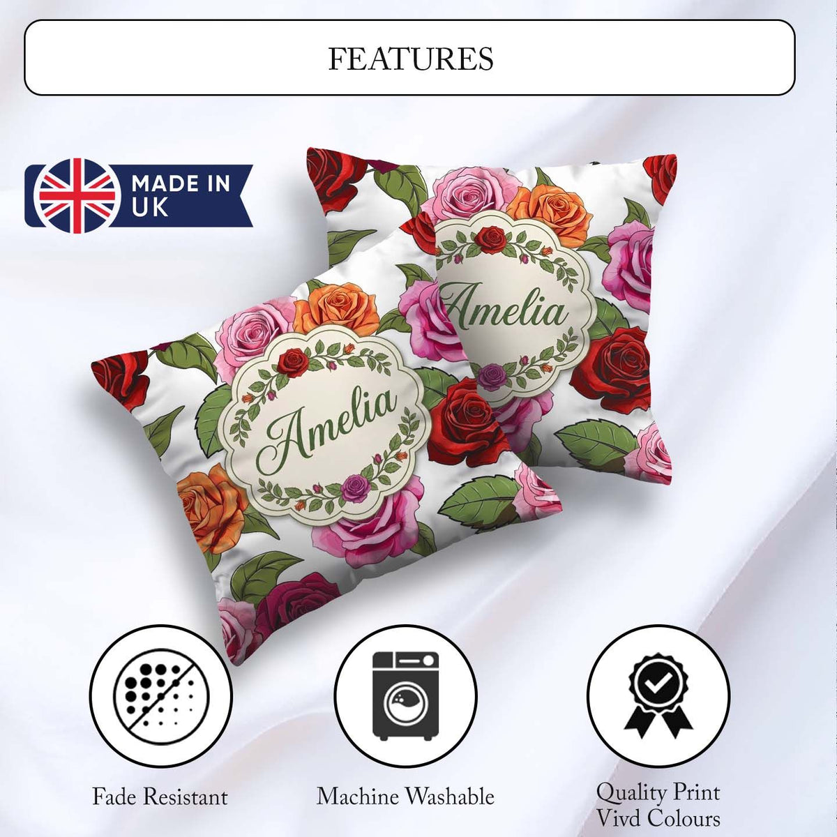 Custom Name Bold Colorful Rose Flowers Seamless Light Background Square Filled Cushion Throw Pillow Sofa Bed Home Decor Zip Washable UK Made