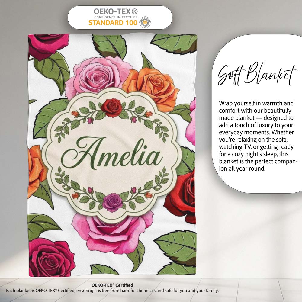 Bold Colorful Rose Flowers Seamless Pattern Light Grey Background Personalised Custom Name Super Soft Fleece Blanket Bed Sofa Throw