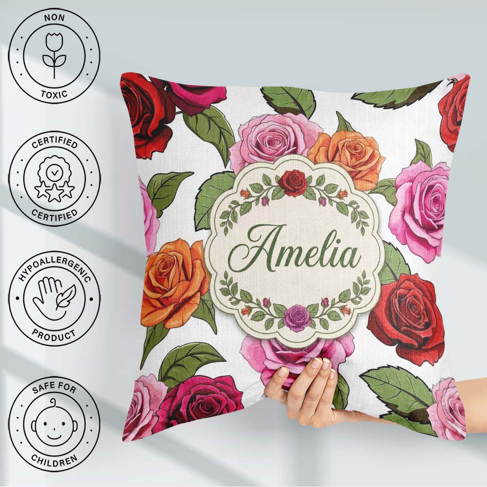 Custom Name Bold Colorful Rose Flowers Seamless Light Background Square Filled Cushion Throw Pillow Sofa Bed Home Decor Zip Washable UK Made