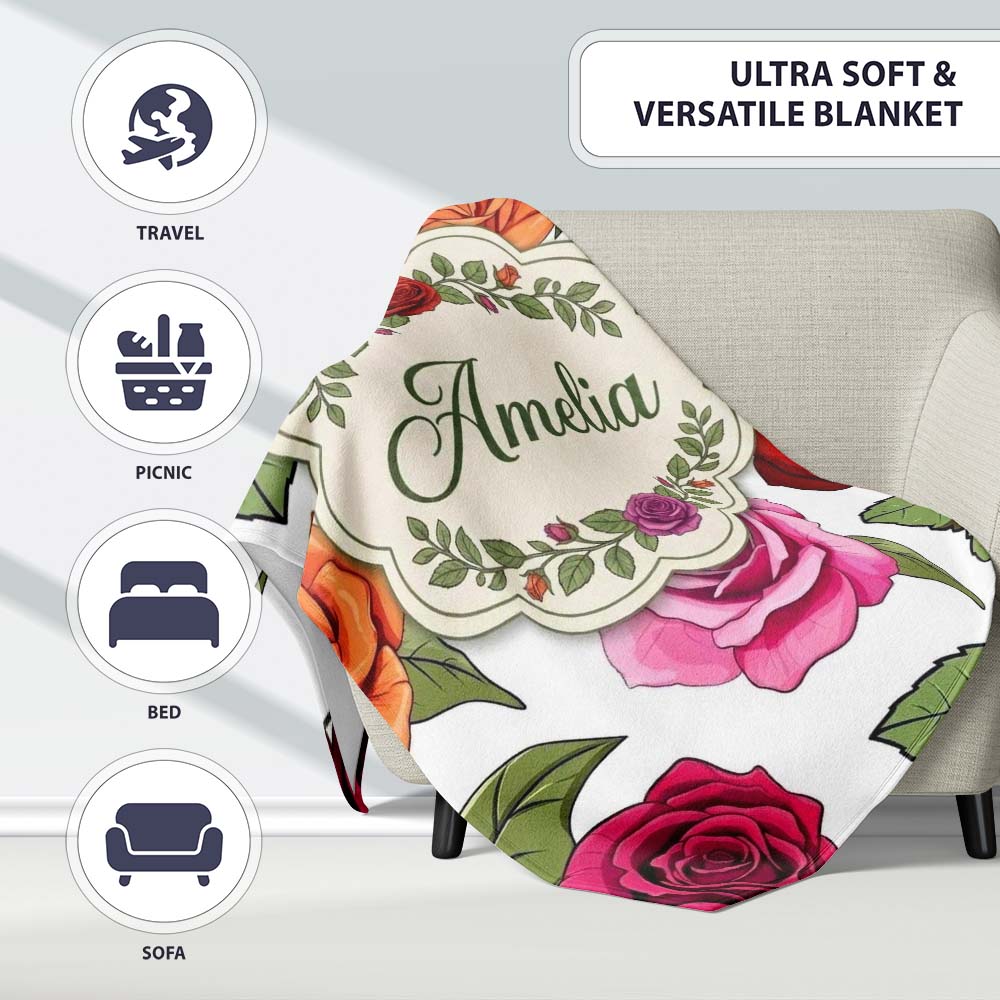 Bold Colorful Rose Flowers Seamless Pattern Light Grey Background Personalised Custom Name Super Soft Fleece Blanket Bed Sofa Throw