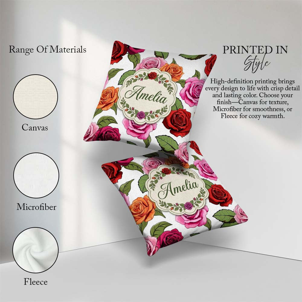 Custom Name Bold Colorful Rose Flowers Seamless Light Background Square Filled Cushion Throw Pillow Sofa Bed Home Decor Zip Washable UK Made