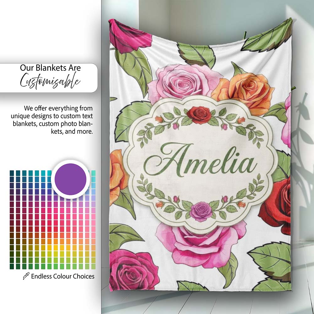 Bold Colorful Rose Flowers Seamless Pattern Light Grey Background Personalised Custom Name Super Soft Fleece Blanket Bed Sofa Throw