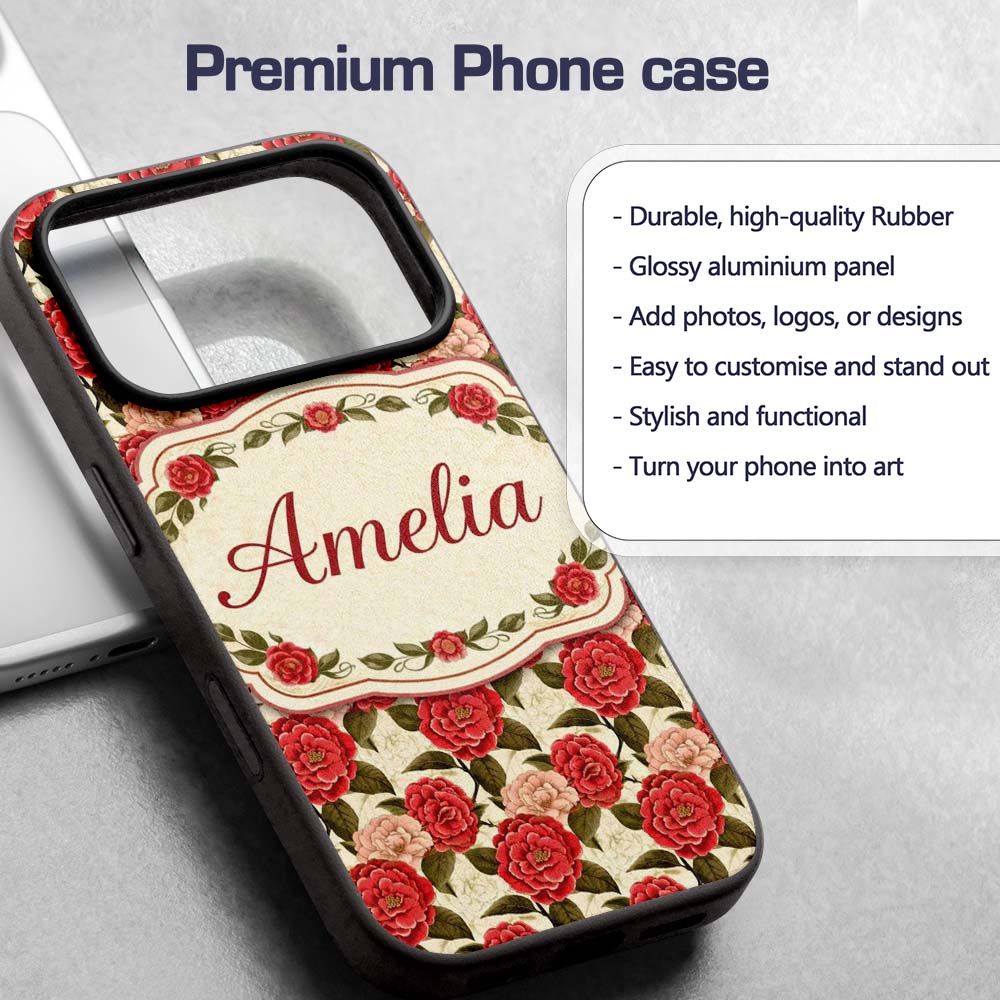 Vintage Red Camellia Botanical Cream Background Custom Name Protective Phone Case Mobile Cover Durable Everyday Smartphone Shock Resistant
