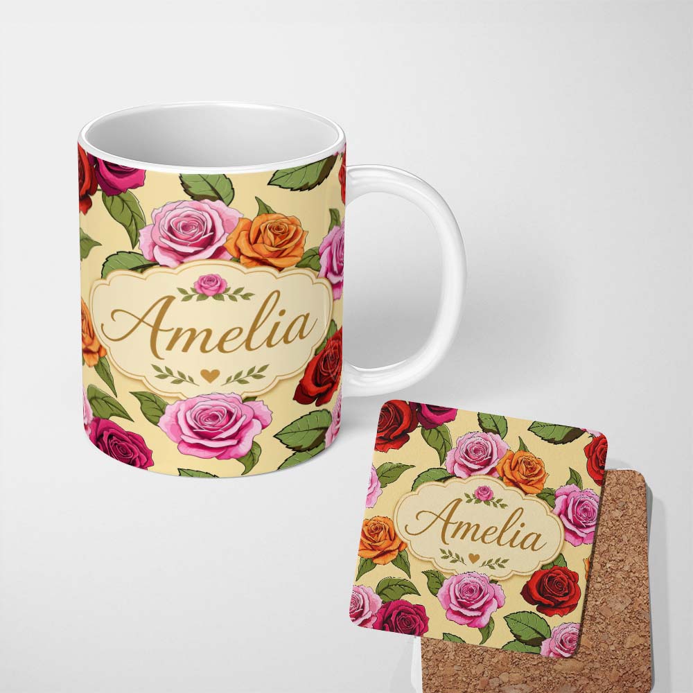 Personalized Custom Name Bold Colorful Rose Flowers Seamless Pattern Soft Beige Background 11oz Ceramic Coffee Tea Mug White Large Handle