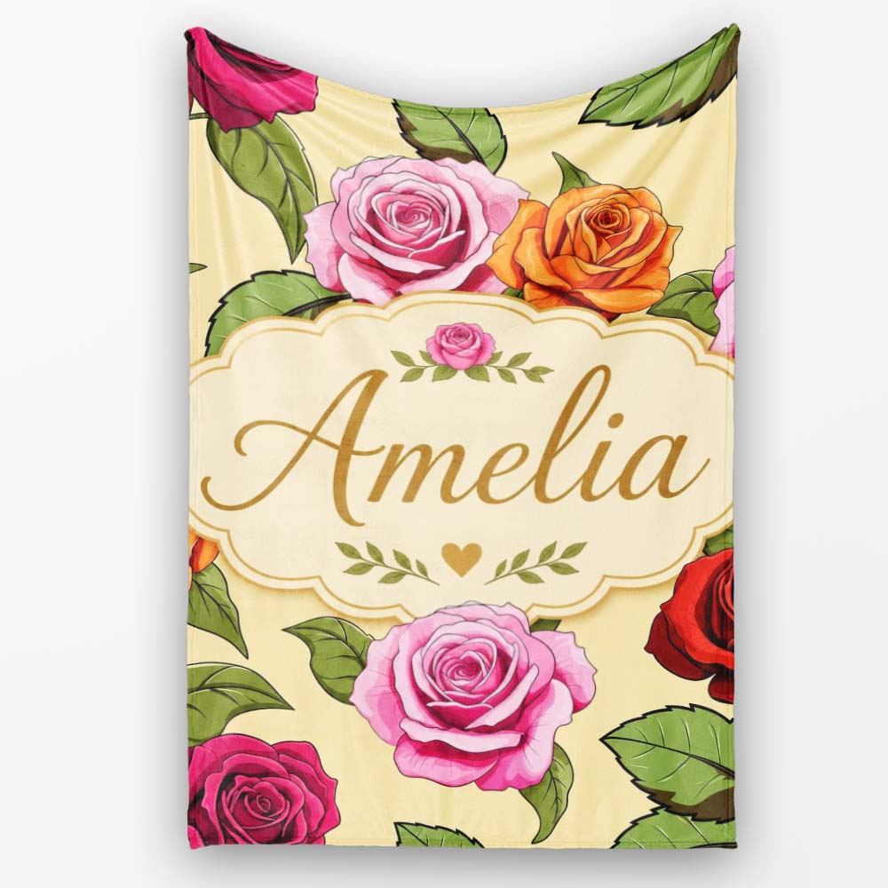 Bold Colorful Rose Flowers Seamless Pattern Soft Beige Background Personalised Custom Name Super Soft Fleece Blanket Bed Sofa Throw