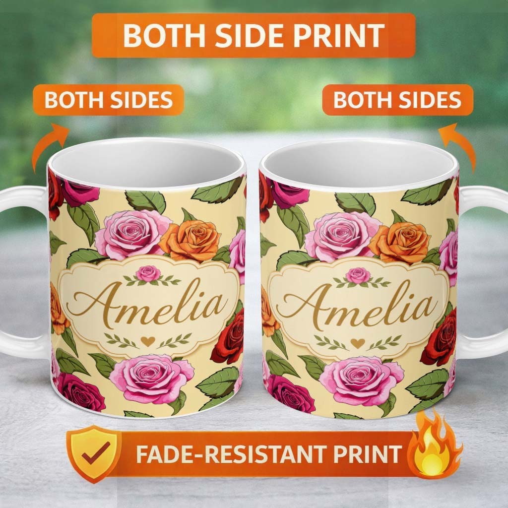 Personalized Custom Name Bold Colorful Rose Flowers Seamless Pattern Soft Beige Background 11oz Ceramic Coffee Tea Mug White Large Handle