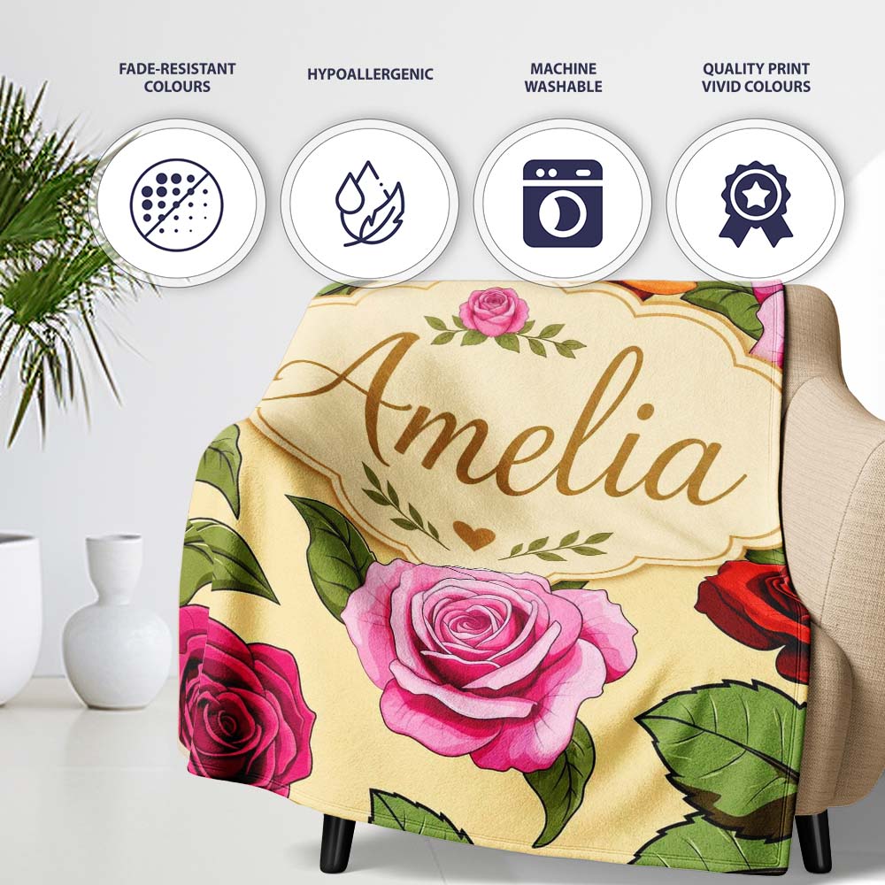 Bold Colorful Rose Flowers Seamless Pattern Soft Beige Background Personalised Custom Name Super Soft Fleece Blanket Bed Sofa Throw