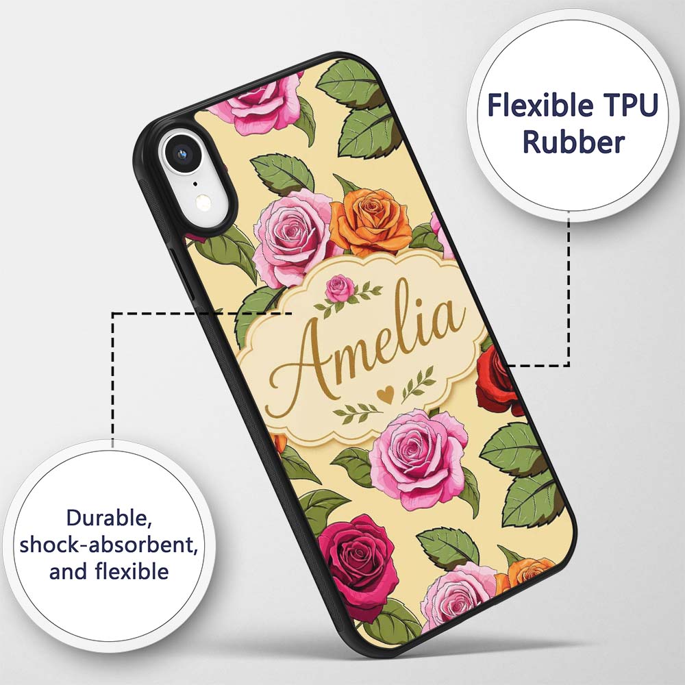 Bold Colorful Rose Flowers Seamless Pattern Soft Custom Name Protective Phone Case Mobile Cover Durable Everyday Smartphone Shock Resistant