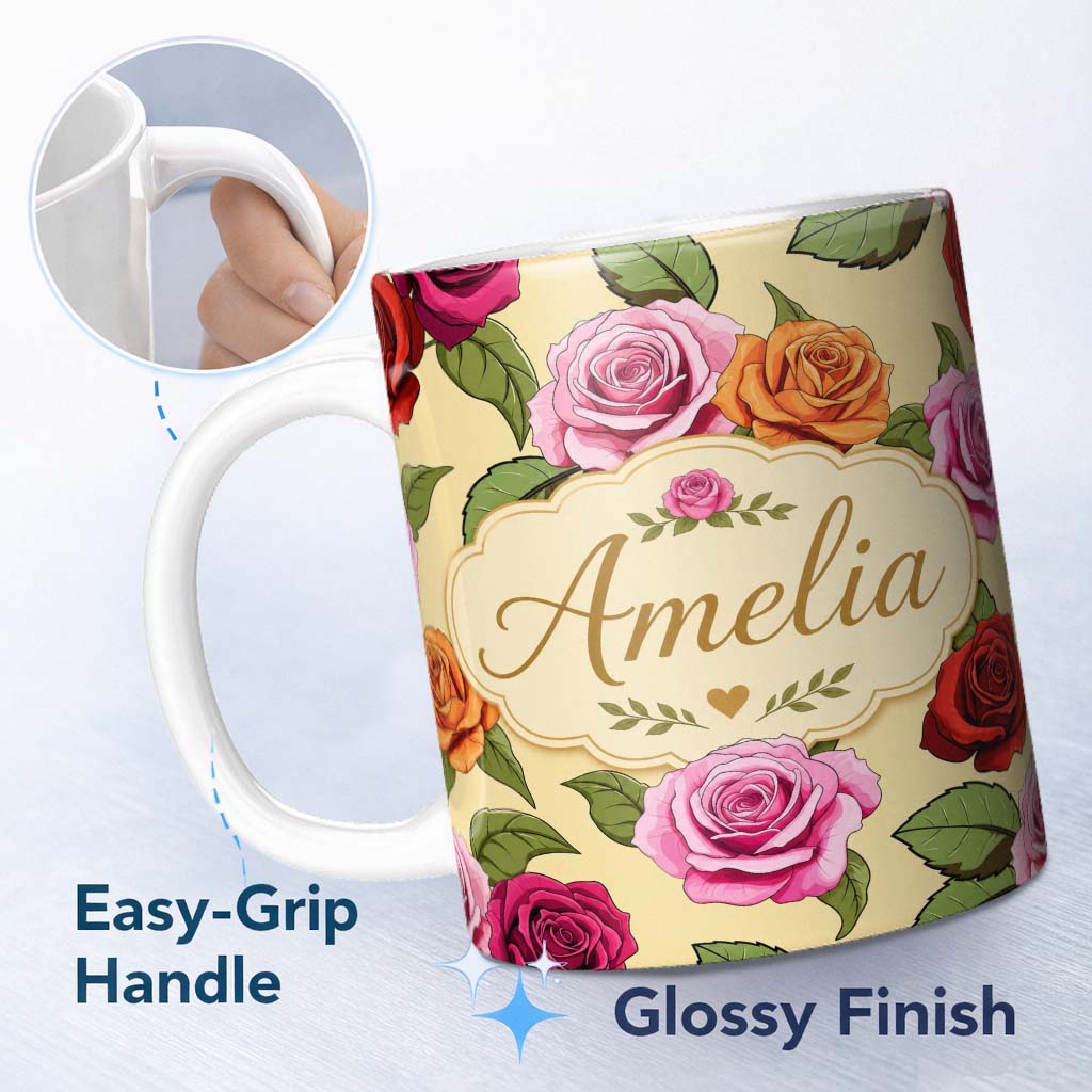 Personalized Custom Name Bold Colorful Rose Flowers Seamless Pattern Soft Beige Background 11oz Ceramic Coffee Tea Mug White Large Handle