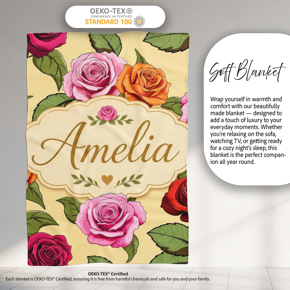 Bold Colorful Rose Flowers Seamless Pattern Soft Beige Background Personalised Custom Name Super Soft Fleece Blanket Bed Sofa Throw