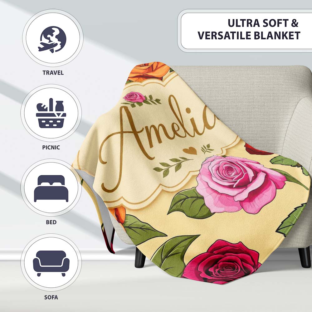 Bold Colorful Rose Flowers Seamless Pattern Soft Beige Background Personalised Custom Name Super Soft Fleece Blanket Bed Sofa Throw