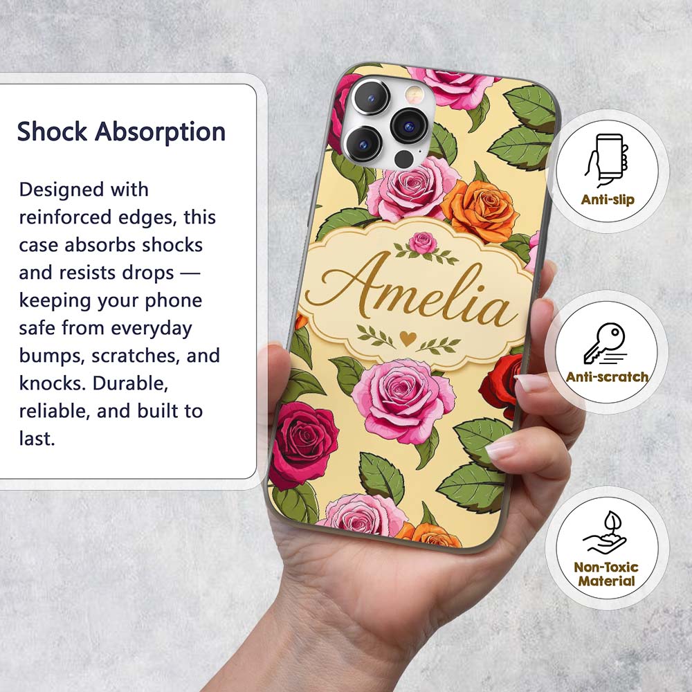Bold Colorful Rose Flowers Seamless Pattern Soft Custom Name Protective Phone Case Mobile Cover Durable Everyday Smartphone Shock Resistant