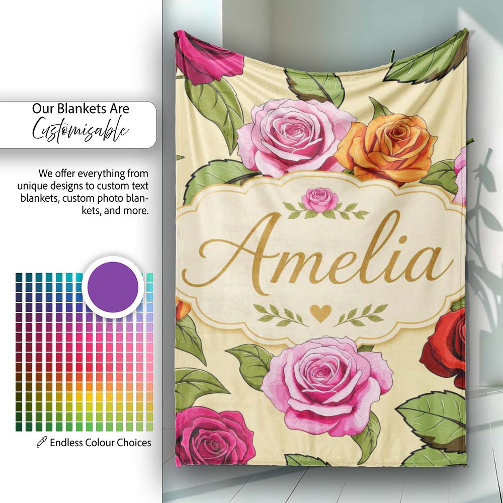 Bold Colorful Rose Flowers Seamless Pattern Soft Beige Background Personalised Custom Name Super Soft Fleece Blanket Bed Sofa Throw