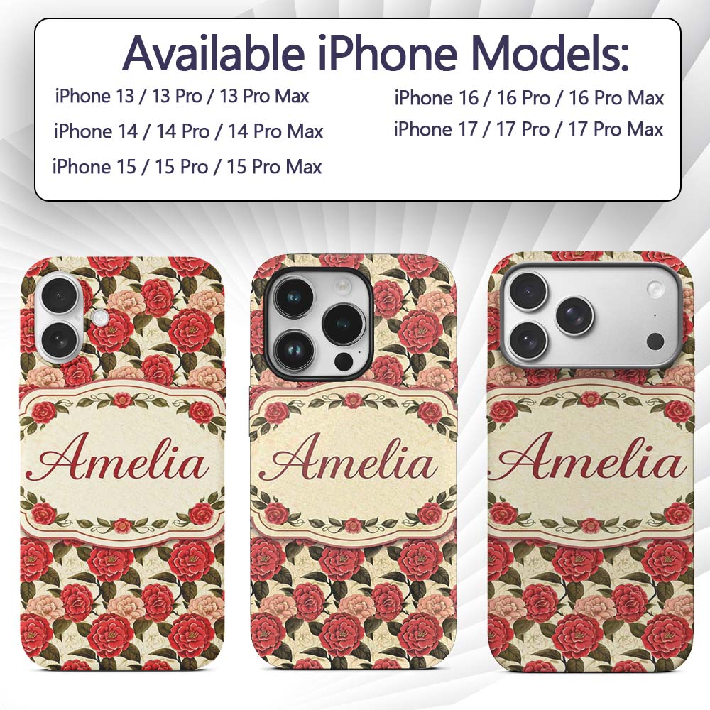 Vintage Red Camellia Botanical Cream Background Custom Name Protective Phone Case Mobile Cover Durable Everyday Smartphone Shock Resistant