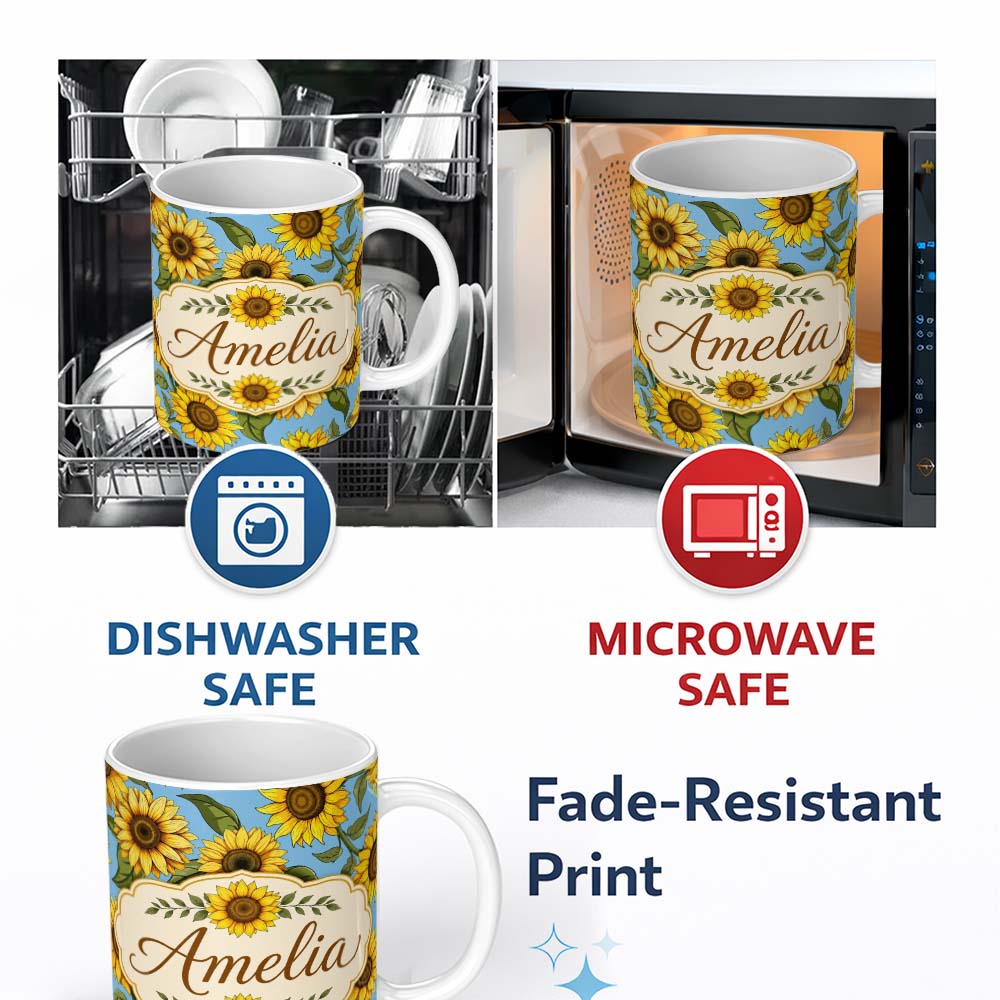Personalized Custom Name Bright Sunflower Floral Seamless Pattern Blue Background Name Cute 11oz Ceramic Coffee Tea Mug White Large Handle