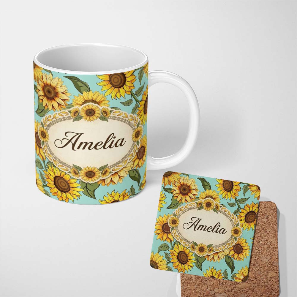 Personalized Custom Name Bright Yellow Sunflower Floral Seamless Pattern Teal Blue 11oz Ceramic Coffee Tea Mug White Large Handle