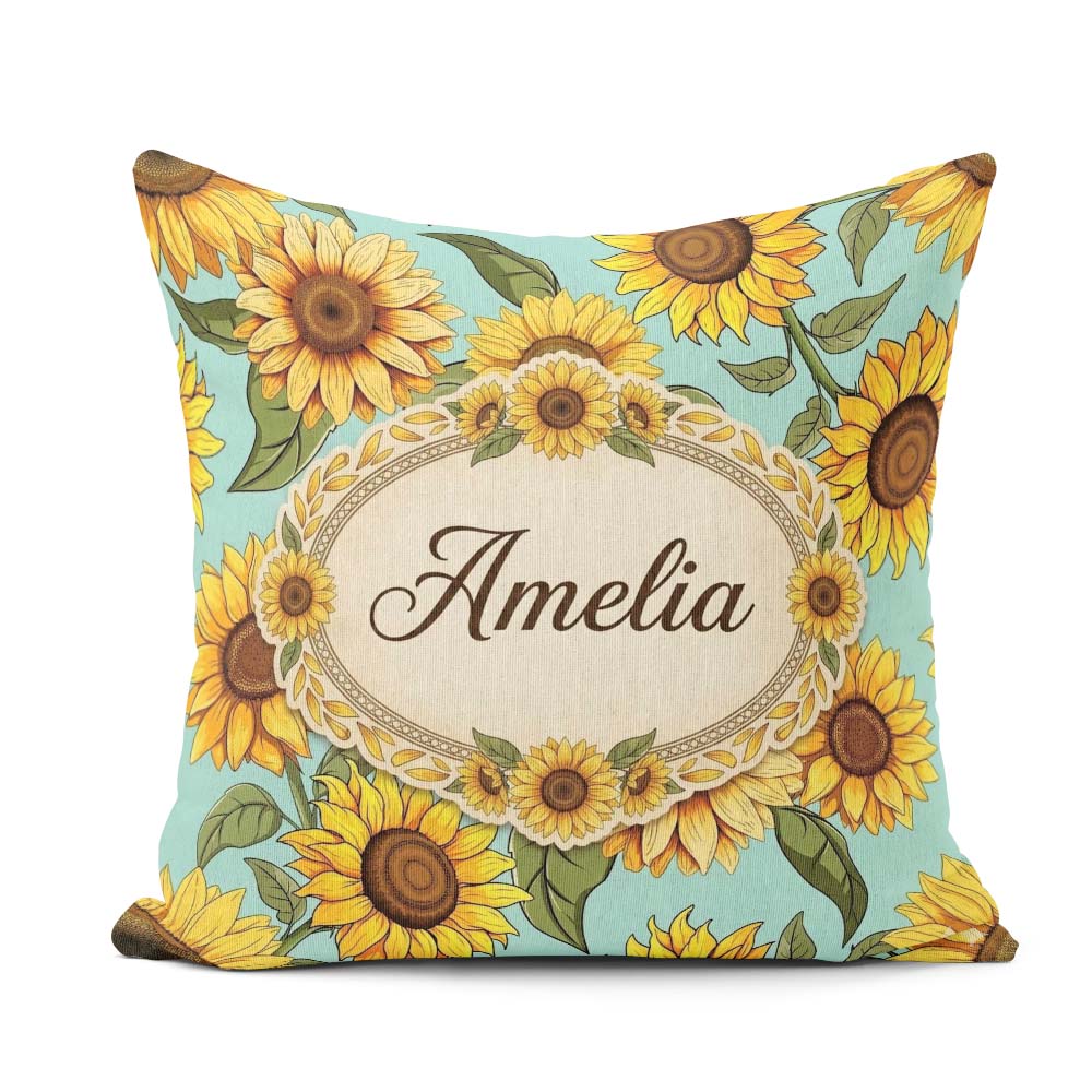 Custom Name Bright Yellow Sunflower Floral Seamless Pattern Teal Square Filled Cushion Throw Pillow Sofa Bed Home Decor Zip Washable UK Made