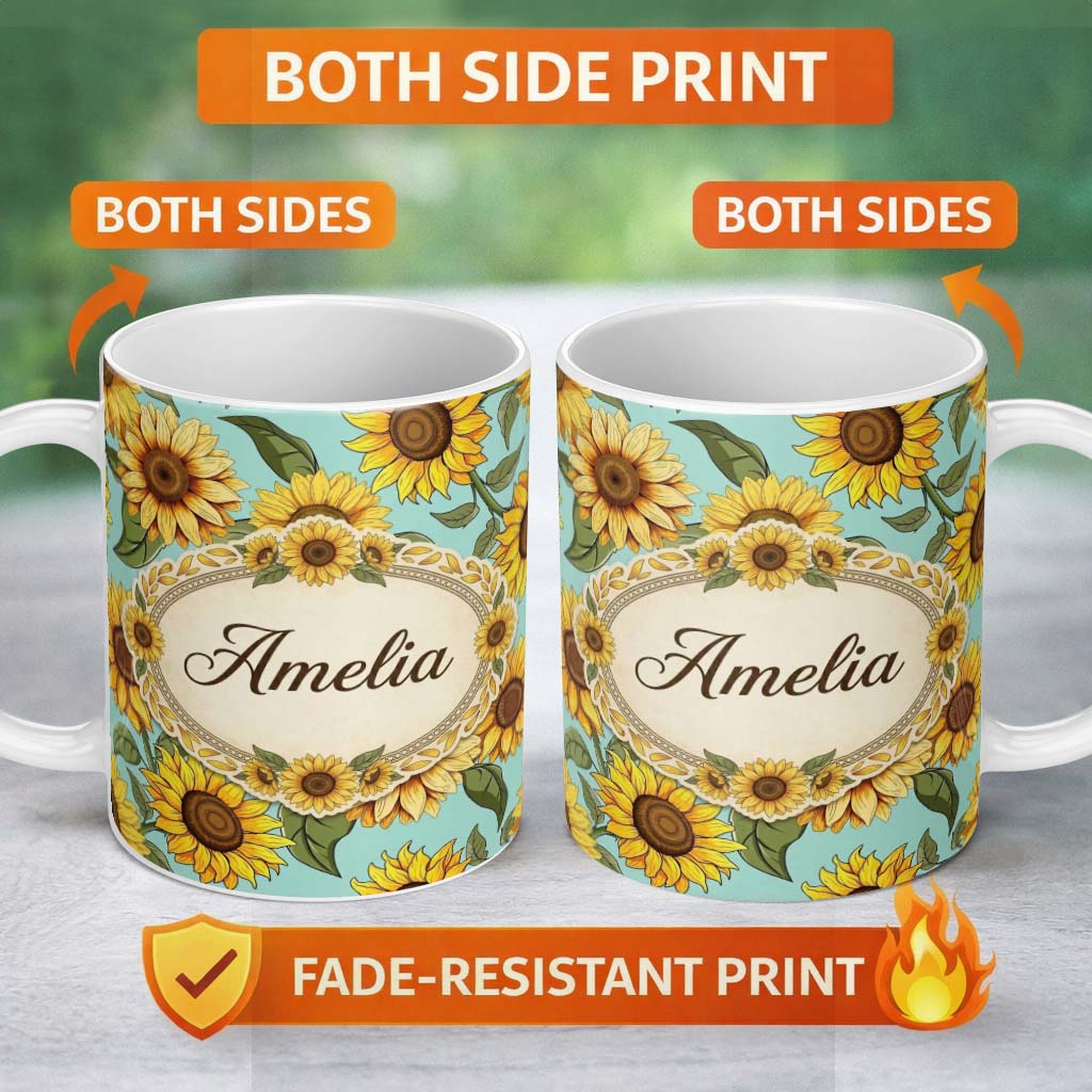 Personalized Custom Name Bright Yellow Sunflower Floral Seamless Pattern Teal Blue 11oz Ceramic Coffee Tea Mug White Large Handle