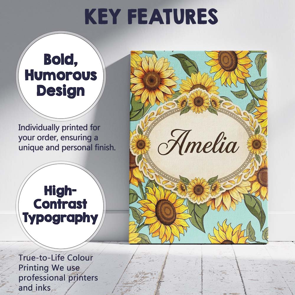 Personalised Name Bright Yellow Sunflower Custom Unique Gift Idea Elegant Feature Canvas Wall Art Print Decor Picture Ready to Hang