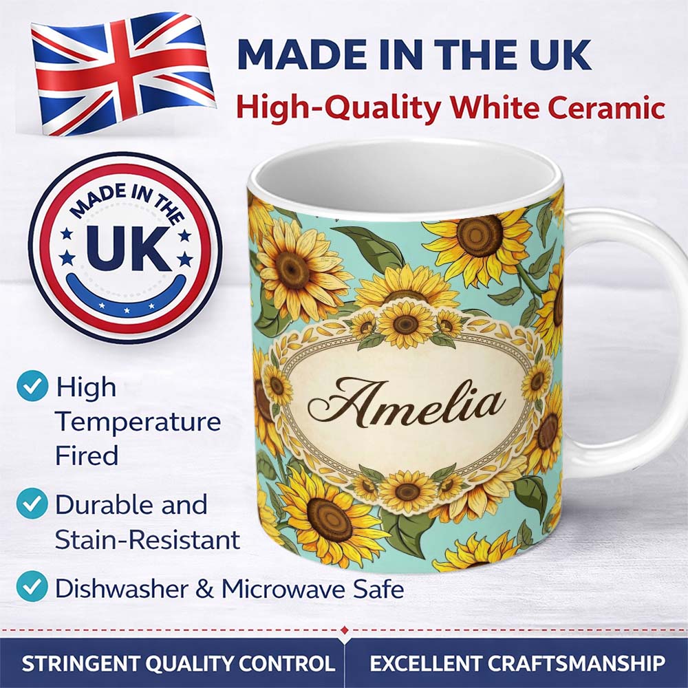 Personalized Custom Name Bright Yellow Sunflower Floral Seamless Pattern Teal Blue 11oz Ceramic Coffee Tea Mug White Large Handle
