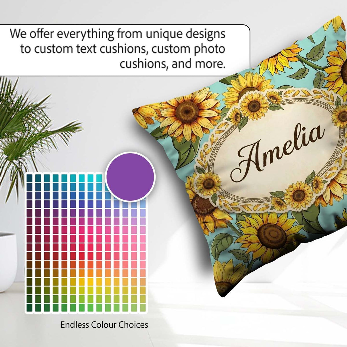Custom Name Bright Yellow Sunflower Floral Seamless Pattern Teal Square Filled Cushion Throw Pillow Sofa Bed Home Decor Zip Washable UK Made